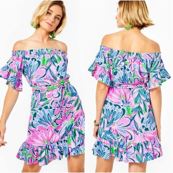 LILLY PULITZER Madelyn Off The Shoulder‎ Stretch Dress In Gecko Green Tige XXS - Picture 3 of 7
